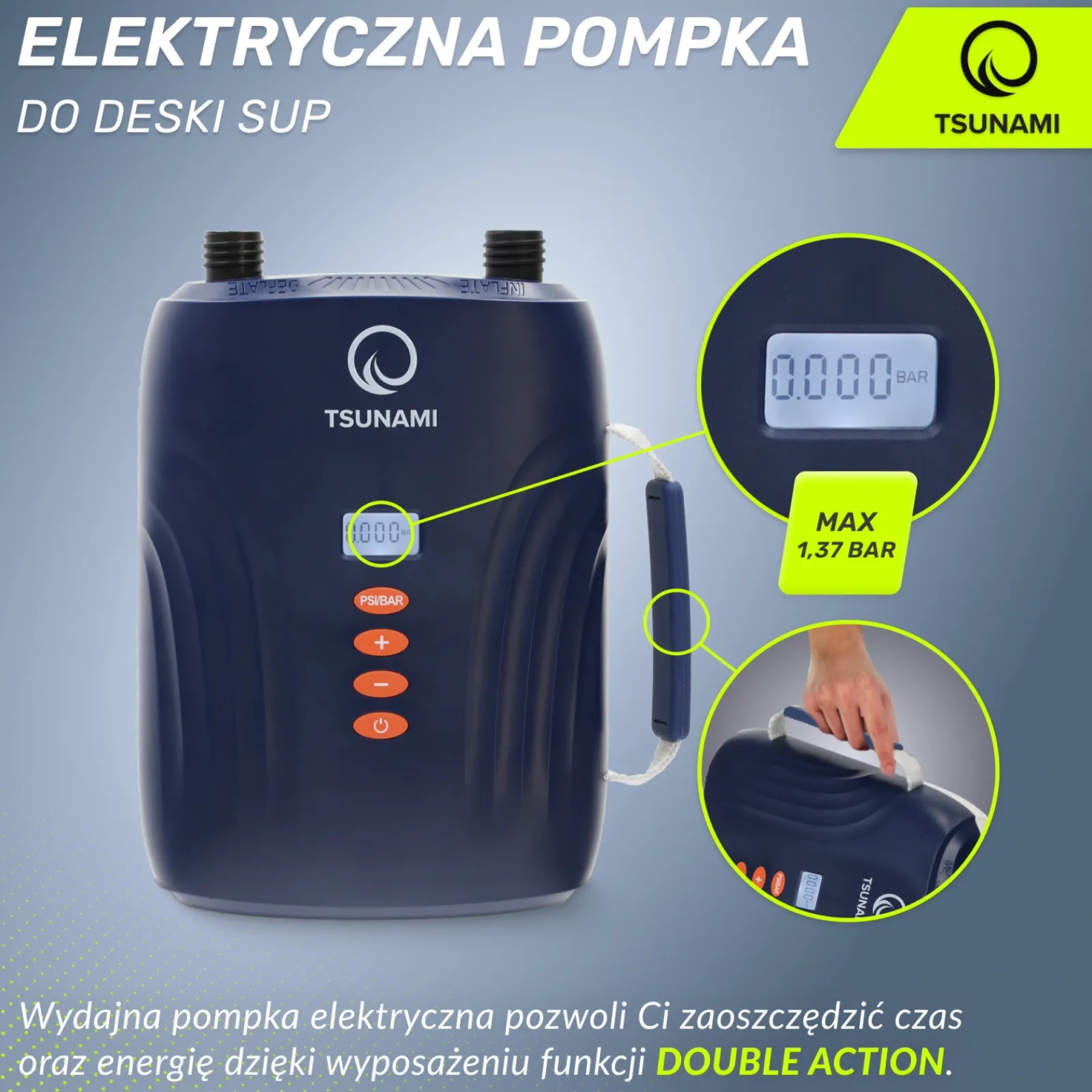 4FIZJO Pompka elektryczna do deski SUP TSUNAMI samochodowa New